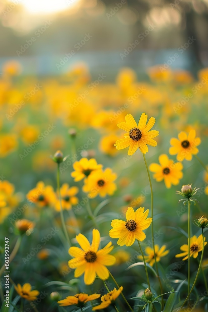 The ground is covered with yellow flowers, and the sky in front has a beautiful sunrise. In springtime at Tokyo shinjuku flower park, there is an endless sea of fresh, vibrant Blue Nymbers blooming. The ground is covered with yellow flowers, and the sky in front has a beautiful sunrise. In springtime at Tokyo shinjuku flower park, there is an endless sea of fresh, vibrant Blue Nymbers blooming.