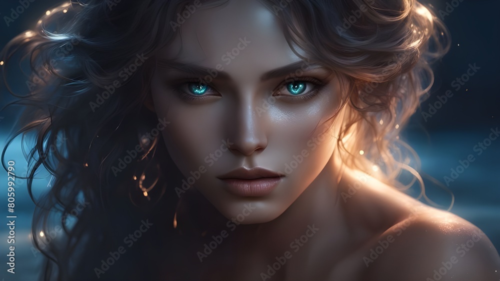 stunning Eyes, In dramatic lighting, a stunningly mysterious female figure, beautiful and detailed eyes.
