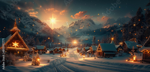 Star of Bethlehem with comet tail over a village in the mountains in winter with Christmas decor. Christmas holidays