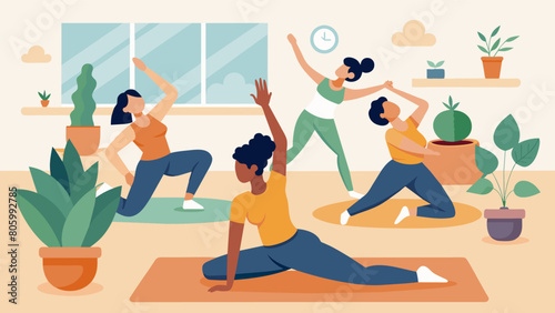 In a cozy yoga studio students limber up their bodies and sharpen their artistic skills by drawing intricate patterns and textures in potted plants. Vector illustration photo