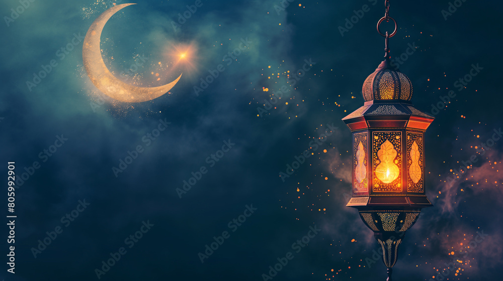 Islamic greetings ramadan kareem card design template. Space for text. background with beautiful lantern and crescent. Post-processed