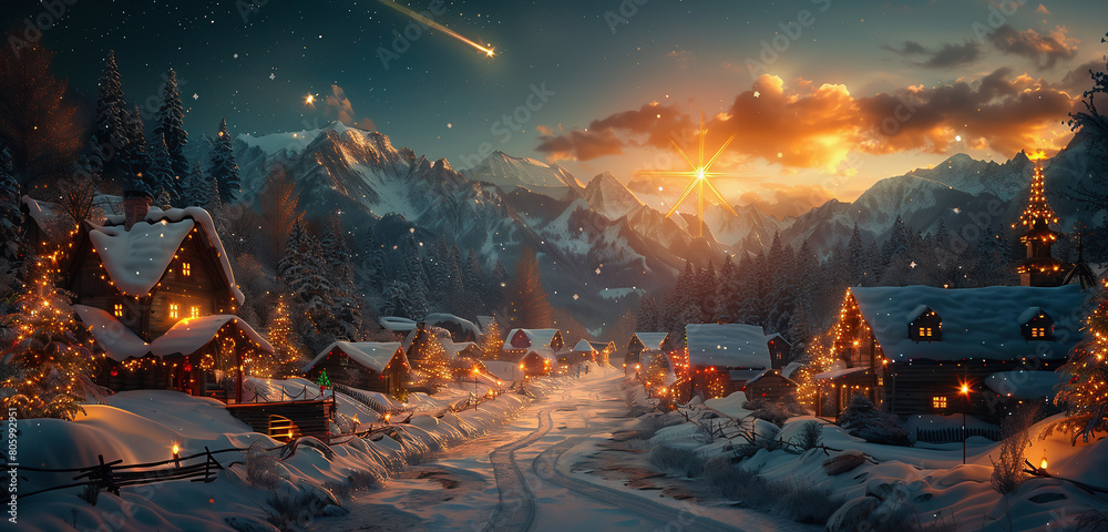 Star of Bethlehem with comet tail over a village in the mountains in winter with Christmas decor. Christmas holidays Star of Bethlehem with comet tail over a village in the mountains in winter with Christmas decor. Christmas holidays