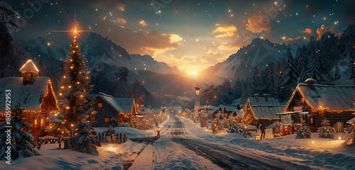 Star of Bethlehem with comet tail over a village in the mountains in winter with Christmas decor. Christmas holidays