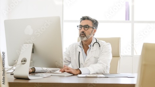 Mature doctor using computer at desk in clinic