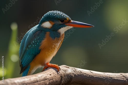 common kingfisher alcedo atthis sitting on wood in sun.generative.ai photo