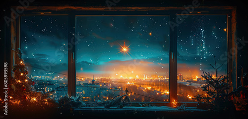 View through the window of the sky with the star of Bethlehem with a comet tail. Christmas holidays © michalsen