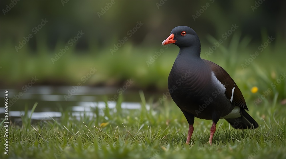 Common Moorhen Gallinula chloropus wandering in the green.generative.ai