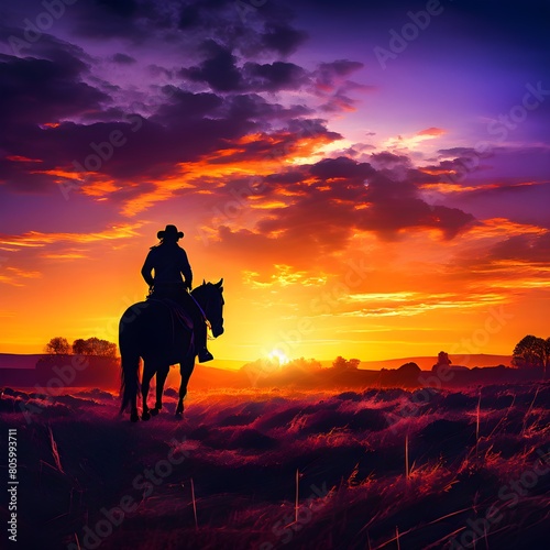 painting of horseback rider silhouette against a sunset in vibrant colors