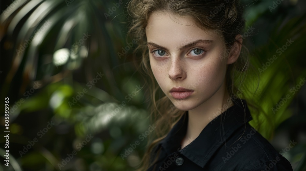 Portrait of a young woman with intense gaze in a lush tropical background, capturing a moment of thoughtful introspection surrounded by nature
