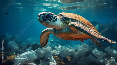 A beautiful sea turtle swims through a sea of plastic