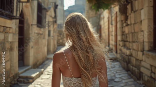 Young woman walking down a narrow cobblestone street in a historic district, exuding a sense of discovery and wanderlust. Concept of solo travel, history, and exploring new places.  © Anastasija