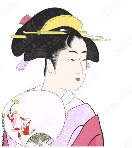 浮世絵　喜多川歌麿　団扇を持つ女イメージイラスト