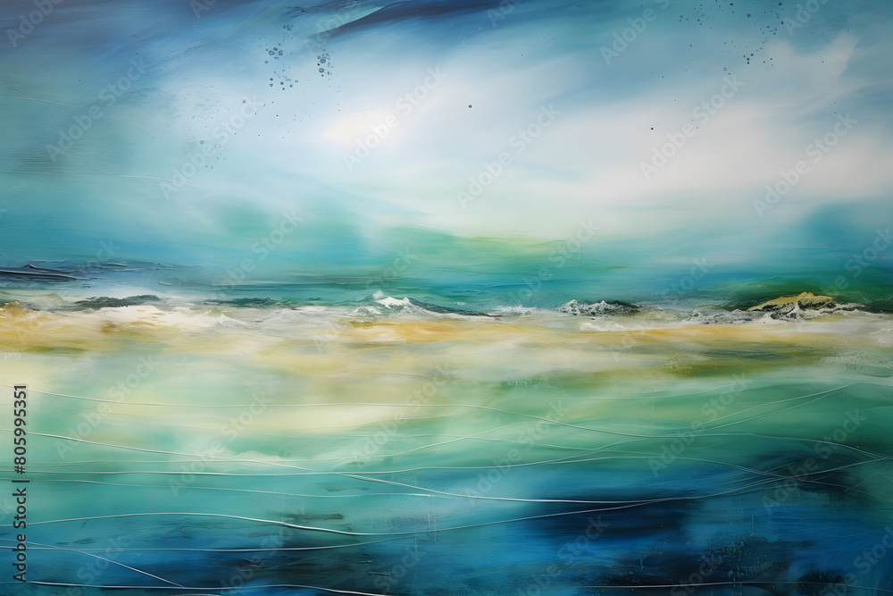 Obraz premium calming ocean surrounded by field. abstract landscape art, painting background, wallpaper