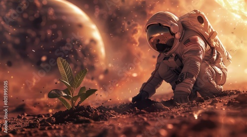 Astronaut in spacesuit planting a tree on Mars. The concept of colonizing Mars.