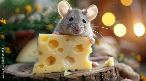 Portrait of a cute little mouse with emmental cheese on a wooden table.