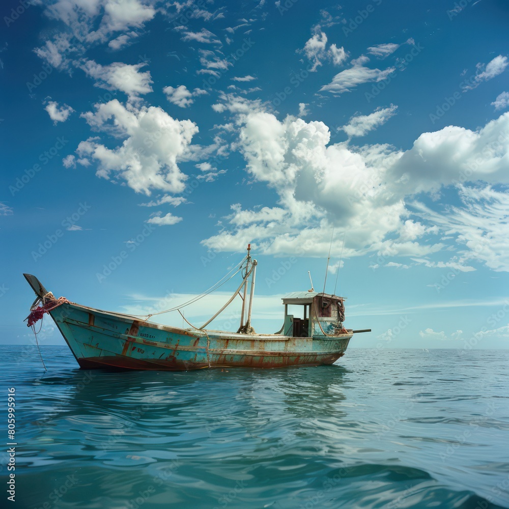 fishing boat over sea and blue sky