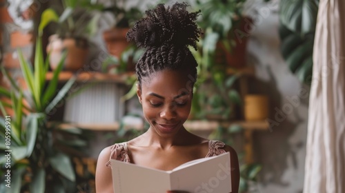 African American mother in her 35s reading a heartfelt Mother's Day card written by her daughter in a greenery shop, capturing the emotional moment of young small business entrepreneur cozy tree shop photo