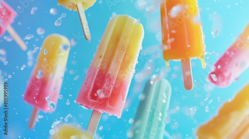 Colorful rainbow popsicles floating on a colored gradient background. photo