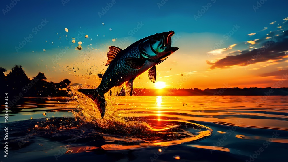 Fototapeta premium Dusk's Dance I AI Illustration of a Fish Leaping into the Sunset Glow