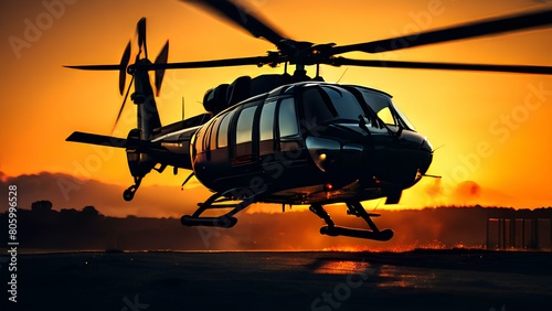 Dusk's Flight: Helicopter Soaring Against the Sunset Canvas | Generative AI