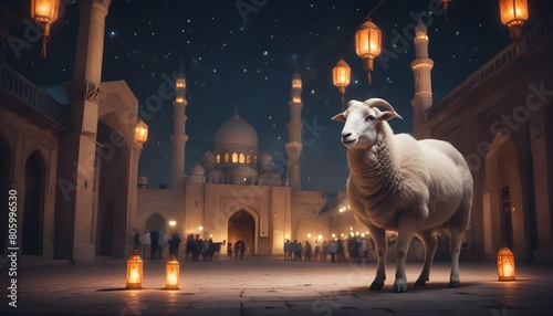 Eid ul adha mubarak theme a sheep is standing with a lot of islamic lantern lights in different colours around it behind beautiful view of mosque and dark night with stars along eid celebrations