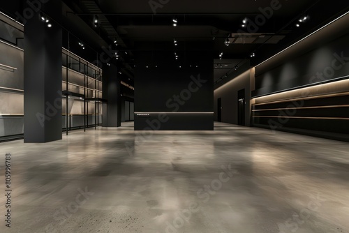 empty retail shop, modern lights, concrete floor, black flat wall and ceiling