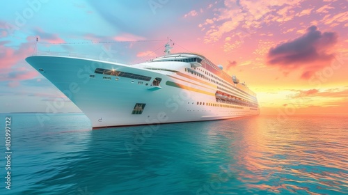 Cruise Ship at Sunset: A majestic cruise ship sails across the ocean against a stunning sunset, reflecting vibrant hues on the water. photo