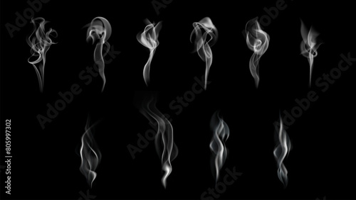 Vector collection of smoke, isolated, black background. Set of realistic white smoke steam, waves.
