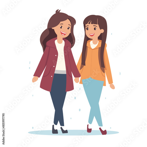 Two young adult female friends walking together, both smiling enjoying time, casual wear. Cartoon women strolling, happy bonding, modern clothing simple style, isolated white background. Friendship