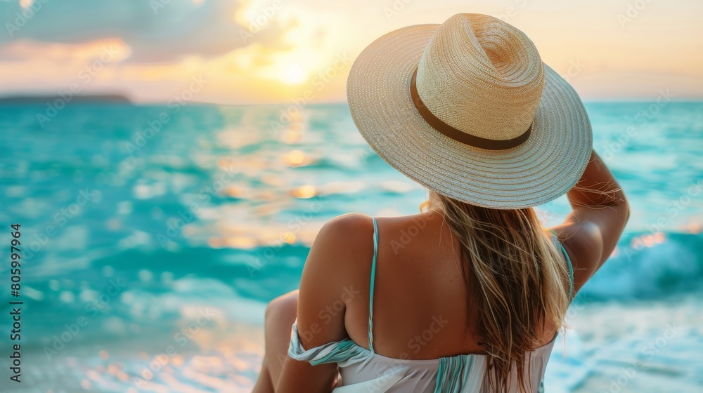 Woman in a straw hat enjoying a sunset on the beach, reflecting serenity and relaxation. Concept of vacation, tranquility, and natural beauty.
