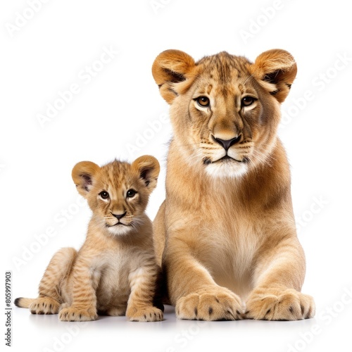 Lion cub with lioness isolated on white background