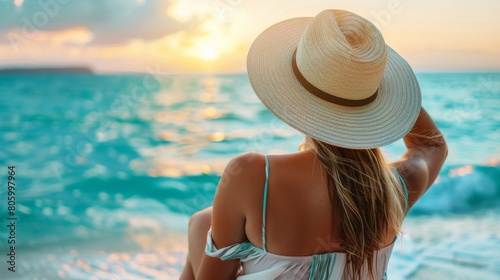 Woman in a straw hat enjoying a sunset on the beach, reflecting serenity and relaxation. Concept of vacation, tranquility, and natural beauty. 