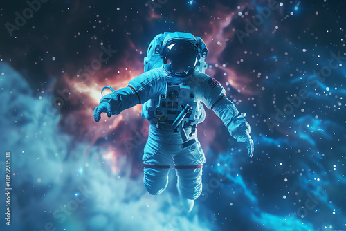 Capture the dynamic beauty of astronauts performing ballet in zero gravity using vibrant digital CG 3D techniques Showcase intricate dance forms against the cosmic backdrop with un