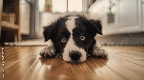 Adorable border collie puppy dog at home, begging for food in the kitchen. Cherishing life with a best friend