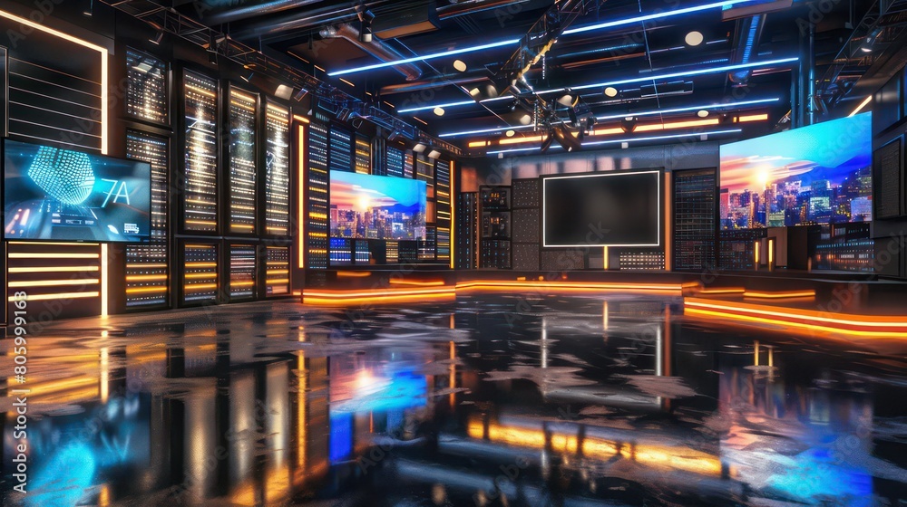 large television studio, large video monitors