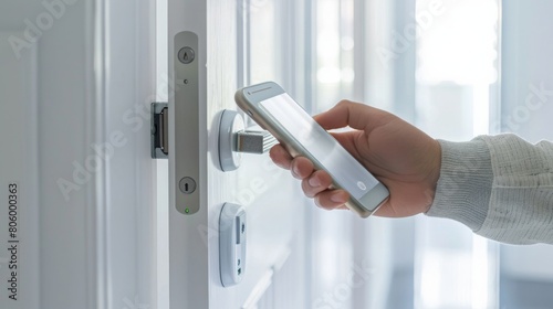 Hand using smartphone for close digital door lock at home or apartment. NFC Technology, Fingerprint scan, keycard, PIN number, smartphone, electrical and contactless lifestyle concepts