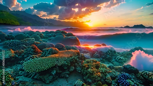 The sun casts a warm glow as it sinks below the horizon, illuminating the rich colors of the teeming coral reef, A peaceful sunrise over a thriving coral reef photo