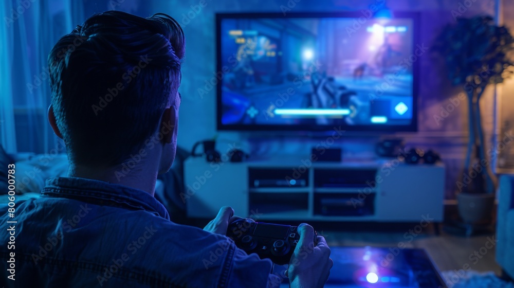 Man plays SF singleplayer game with overlay HUD showing health bars and minimap on widescreen TV. Gamer enjoying high quality ray tracing graphics in console videogame, panning shot Man plays SF singleplayer game with overlay HUD showing health bars and minimap on widescreen TV. Gamer enjoying high quality ray tracing graphics in console videogame, panning shot