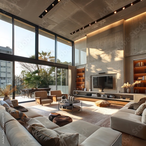 modern living room, concrete walls, grey tones with brown and beige accents, height space, large window © MOVE STUDIO