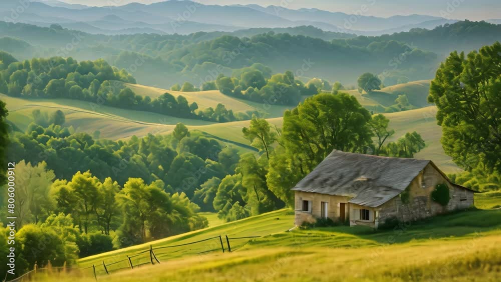 A house with a sloping roof situated on top of a hill covered in lush trees, A picturesque countryside landscape with rolling hills and a rustic stone cottage A house with a sloping roof situated on top of a hill covered in lush trees, A picturesque countryside landscape with rolling hills and a rustic stone cottage