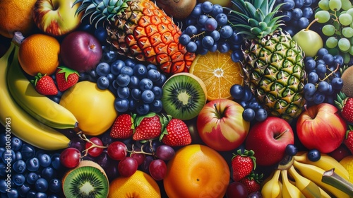 A vibrant and colorful display of various fruits  including pineapples  apples  oranges  grapes  bananas  blueberries  strawberries  kiwi  peaches  grapefruit  mangoes  black plums.