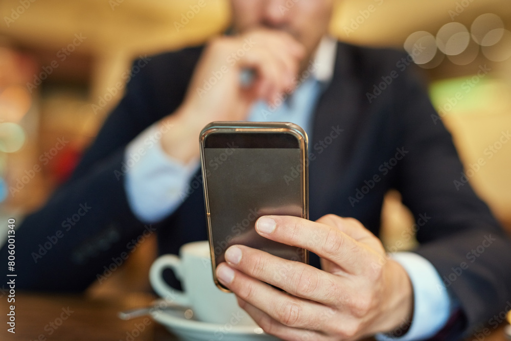 Businessman, smartphone and coffee to relax in cafe for online search, browse internet or reading communication. Male person, cup and mobile technology in shop to scroll, post or update social media Businessman, smartphone and coffee to relax in cafe for online search, browse internet or reading communication. Male person, cup and mobile technology in shop to scroll, post or update social media