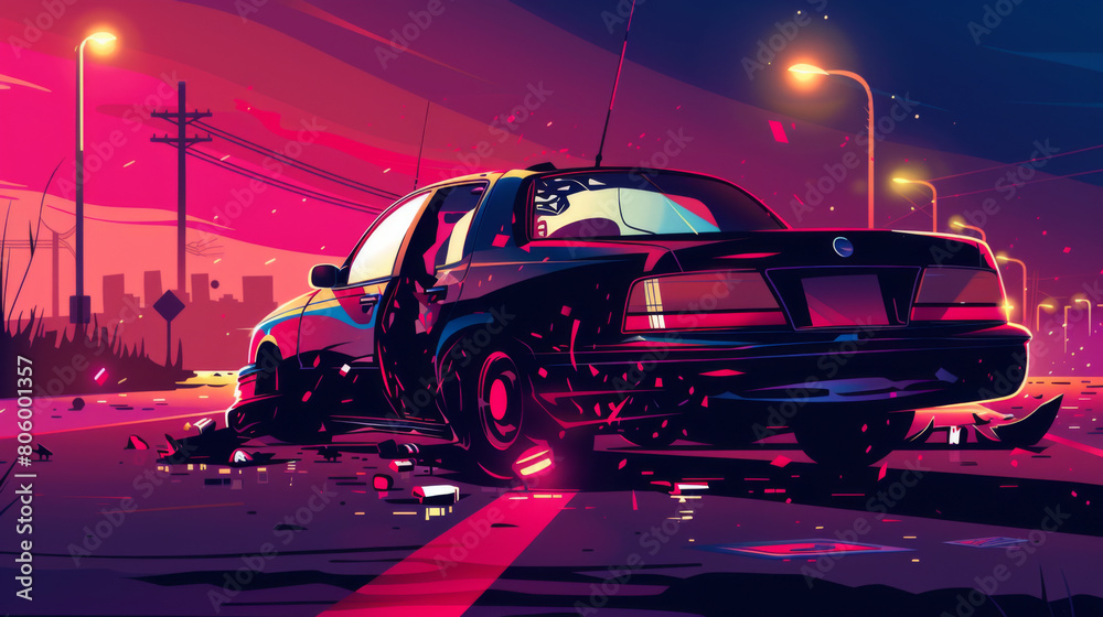 Fototapeta premium Digital art of a twilight urban scene showing a crashed car with a colorful skyline in the background, conveying a sense of drama and urgency.