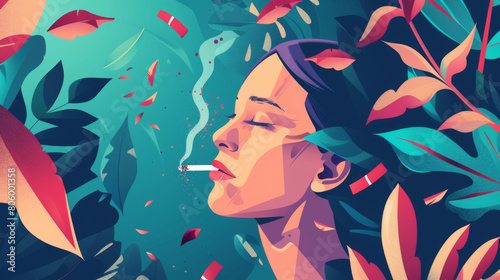 A digital illustration of a woman leisurely smoking a cigarette  her profile framed by vivid tropical foliage  evoking a relaxed yet thought-provoking mood.