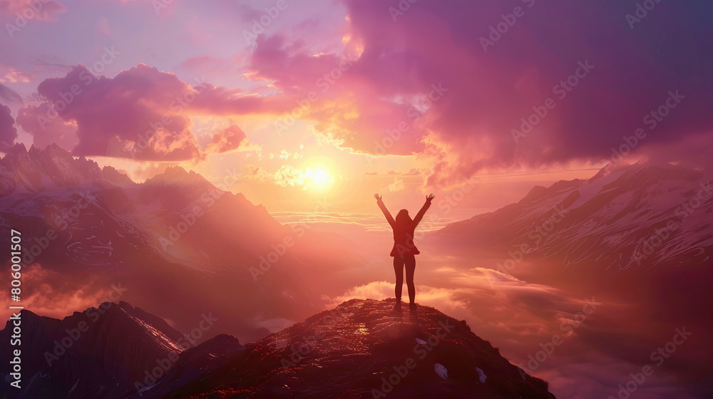 © stopcontrol - A silhouette of a person with arms raised in celebration on a mountain top, captured against the dramatic backdrop of a summer sunset. © stopcontrol - A silhouette of a person with arms raised in celebration on a mountain top, captured against the dramatic backdrop of a summer sunset.