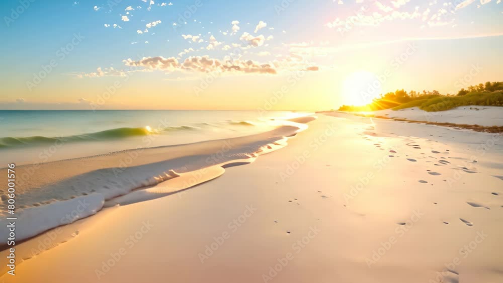 A photo capturing the sun setting on a beach, depicting footprints in the sand, A pristine, white sandy beach with a clear view of the horizon at sunset A photo capturing the sun setting on a beach, depicting footprints in the sand, A pristine, white sandy beach with a clear view of the horizon at sunset