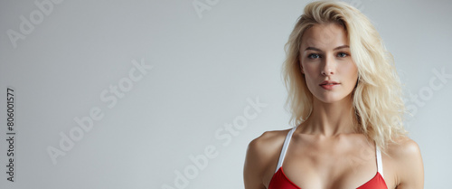 Young fit sexy woman standing isolated on a gray background. Studio portrait of a healthy muscular female. Super-wide banner with copy space.