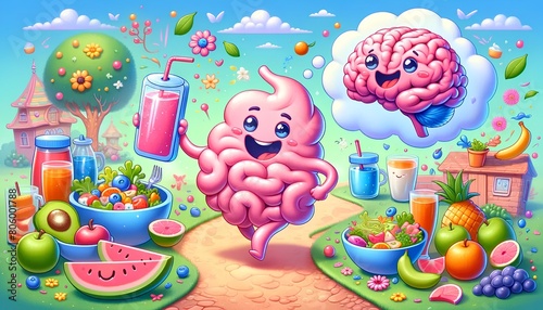 Illustration depicting the gut-brain axis, highlighting the influence of a balanced microbiome on mental health, mood regulation, and potential links to psychological disorders. photo