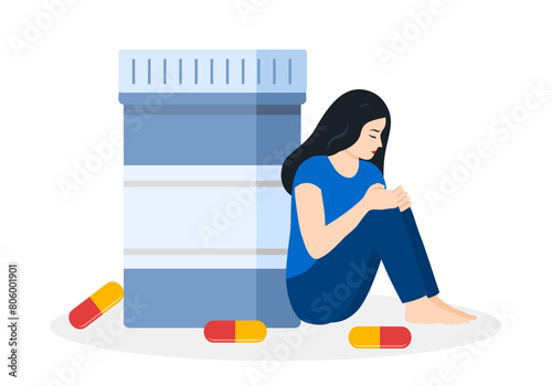 Drug addicted girl sitting with pill in flat design. Woman having depression, taking hormonal pills. Depression, antidepressants concept.