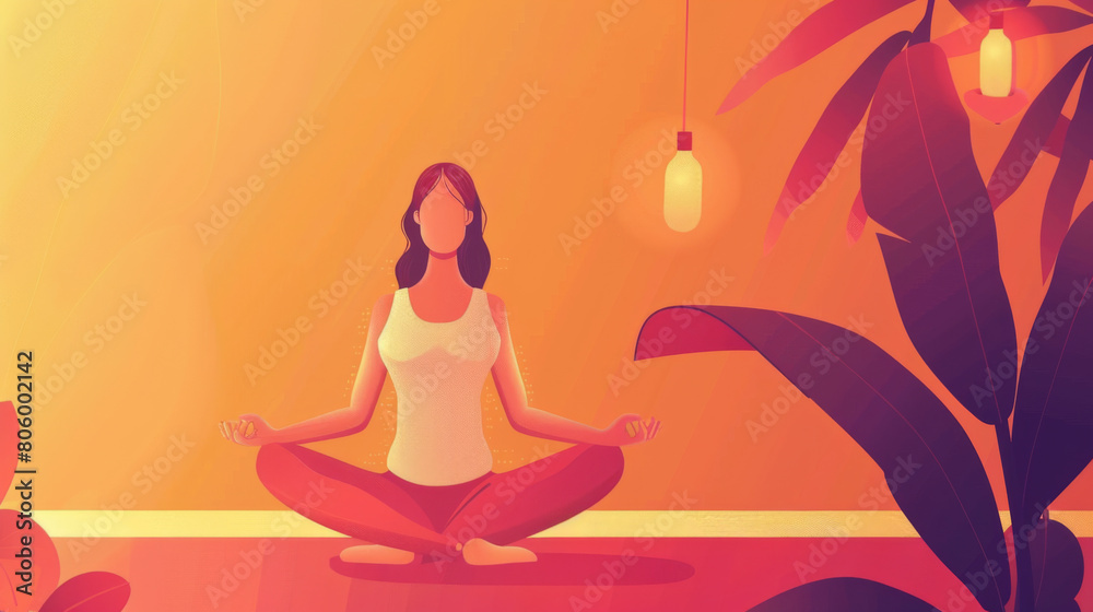 A serene illustration of a woman practicing yoga meditation in a warm and inviting indoor environment, symbolizing peace and mindfulness.